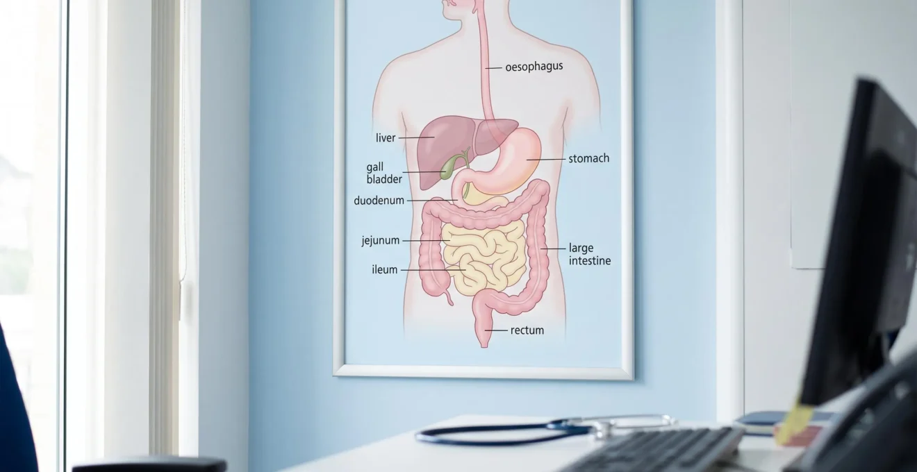 GP consultation room with digestive system anatomy poster on wall showing stomach and small intestine sections in professional NHS healthcare setting with natural light