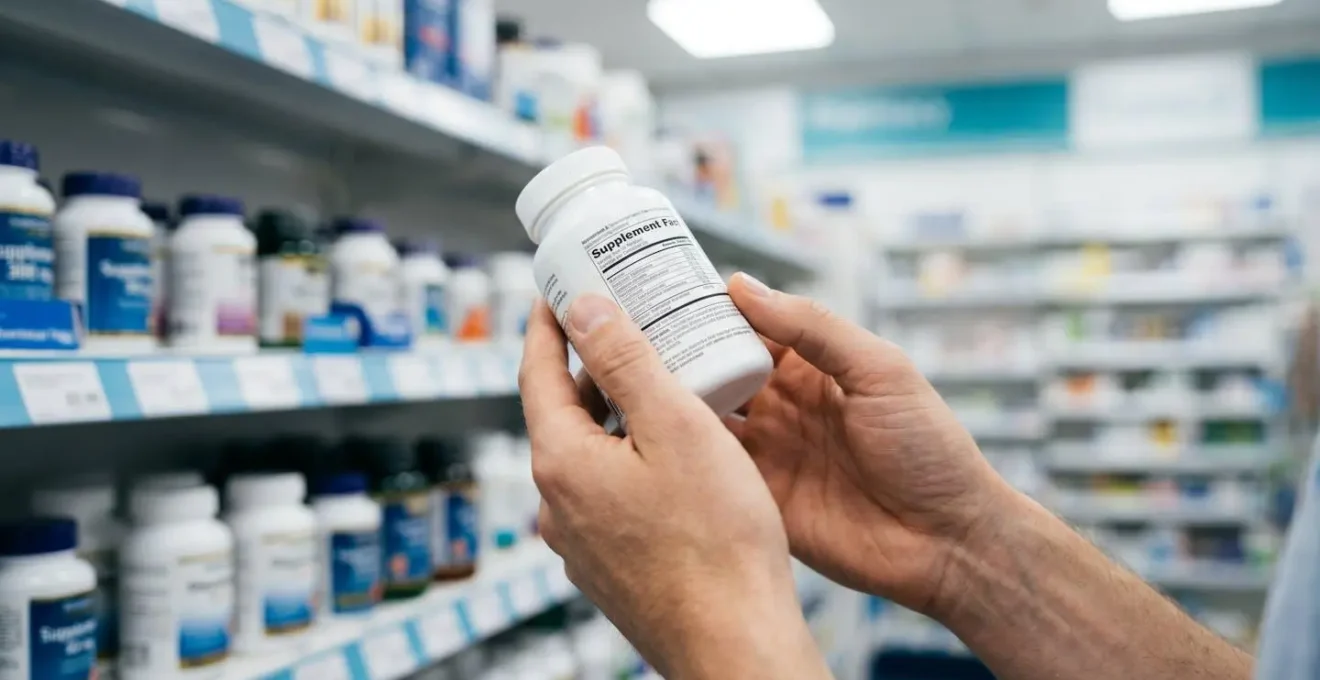 Close-up of hands carefully reading supplement bottle label in bright UK pharmacy aisle, examining ingredients and quality information with other products visible defocused in background