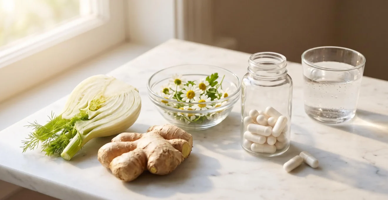 Natural digestive wellness still life composition on white marble surface with fresh ginger root, fennel bulb, chamomile flowers and modern glass supplement bottle with white capsules in soft morning light