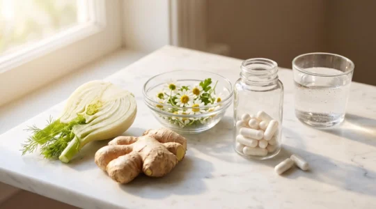 Natural digestive wellness still life composition on white marble surface with fresh ginger root, fennel bulb, chamomile flowers and modern glass supplement bottle with white capsules in soft morning light